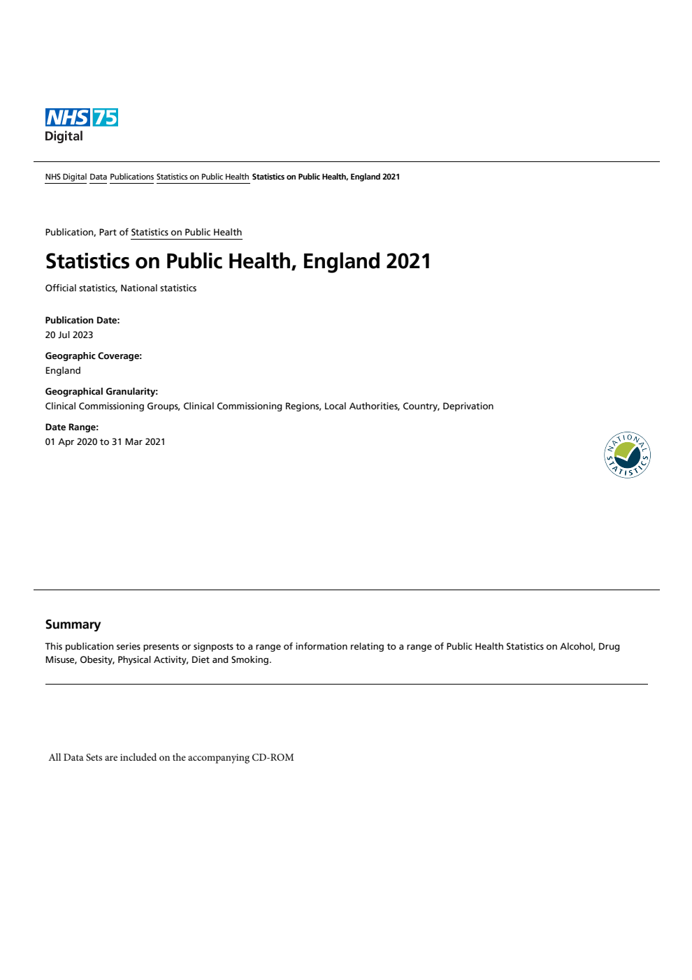 Statistics on Public Health, England 2021