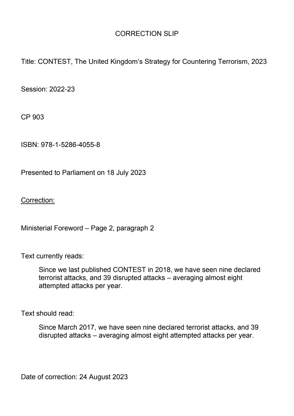 CONTEST: The United Kingdom’s Strategy for Countering Terrorism 2023. Correction Slip, August 2023