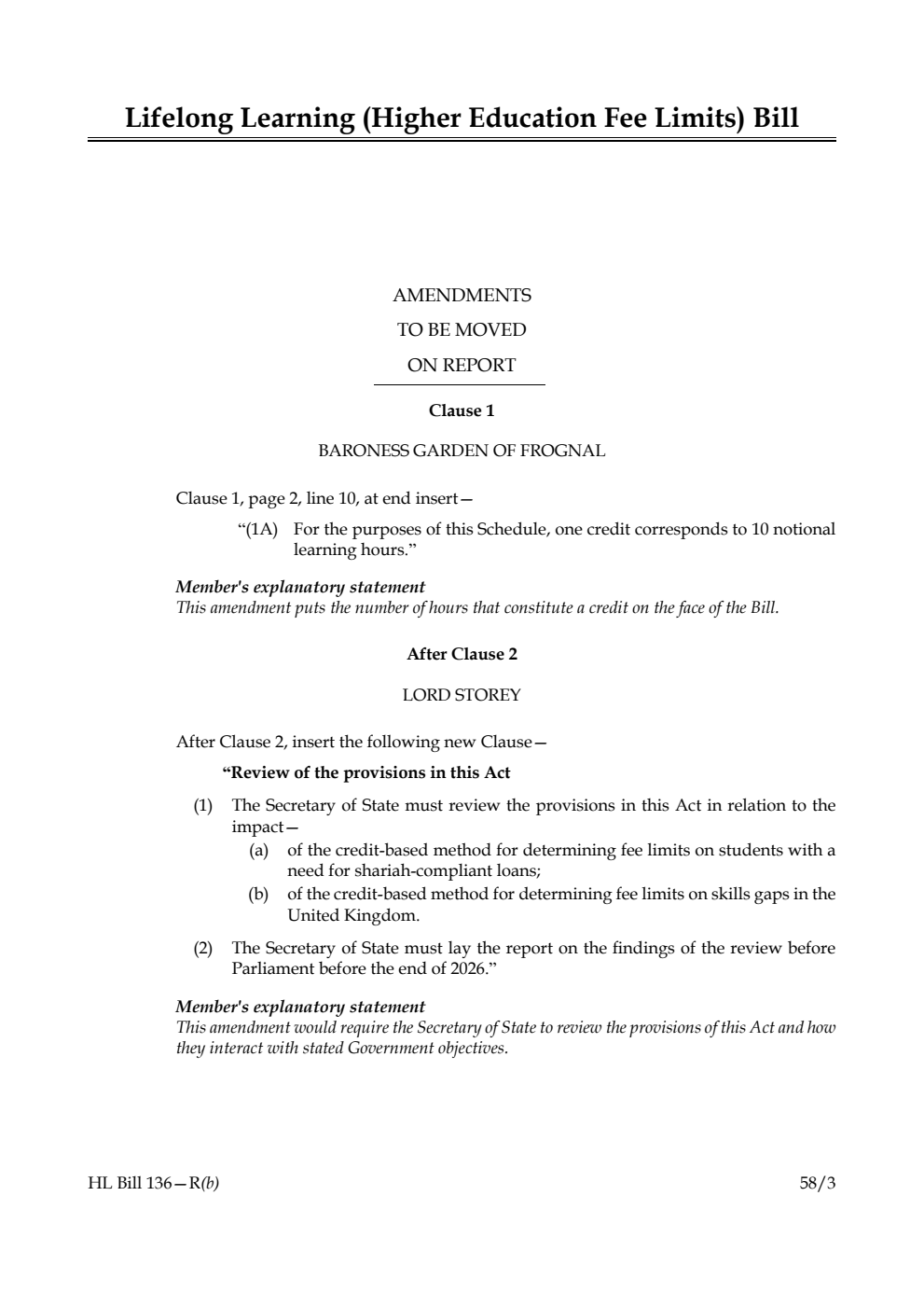 Lifelong Learning (Higher Education Fee Limits) Bill Amendments to be moved on Report