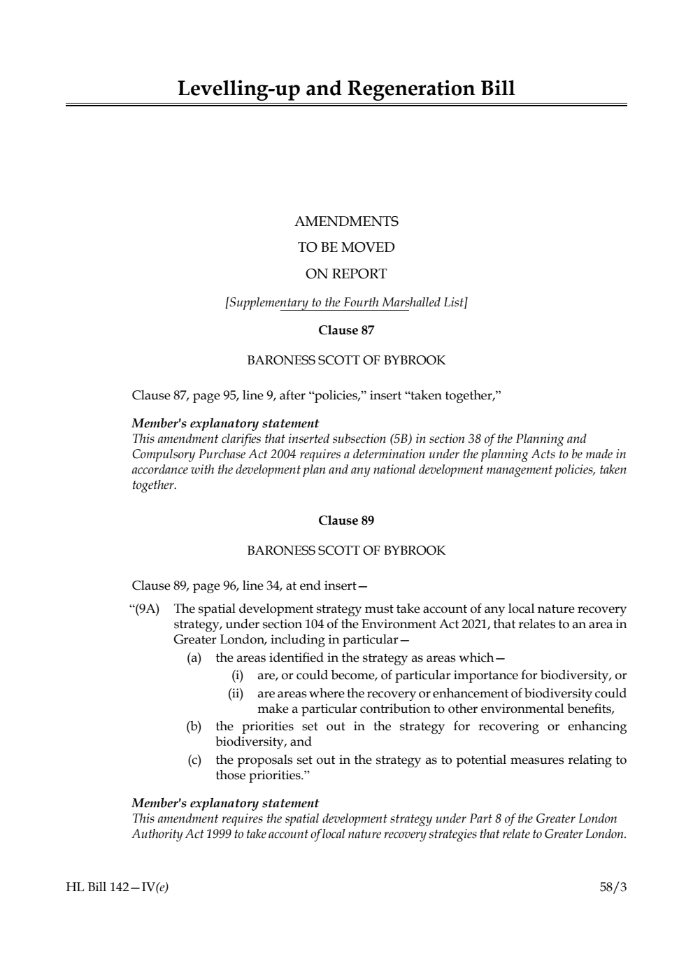 Levelling-up and Regeneration Bill Amendments to be moved on Report [Supplementary to the Fourth Marshalled List]
