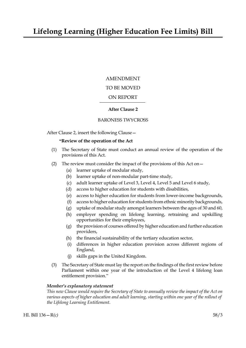 Lifelong Learning (Higher Education Fee Limits) Bill Amendment to be moved on Report