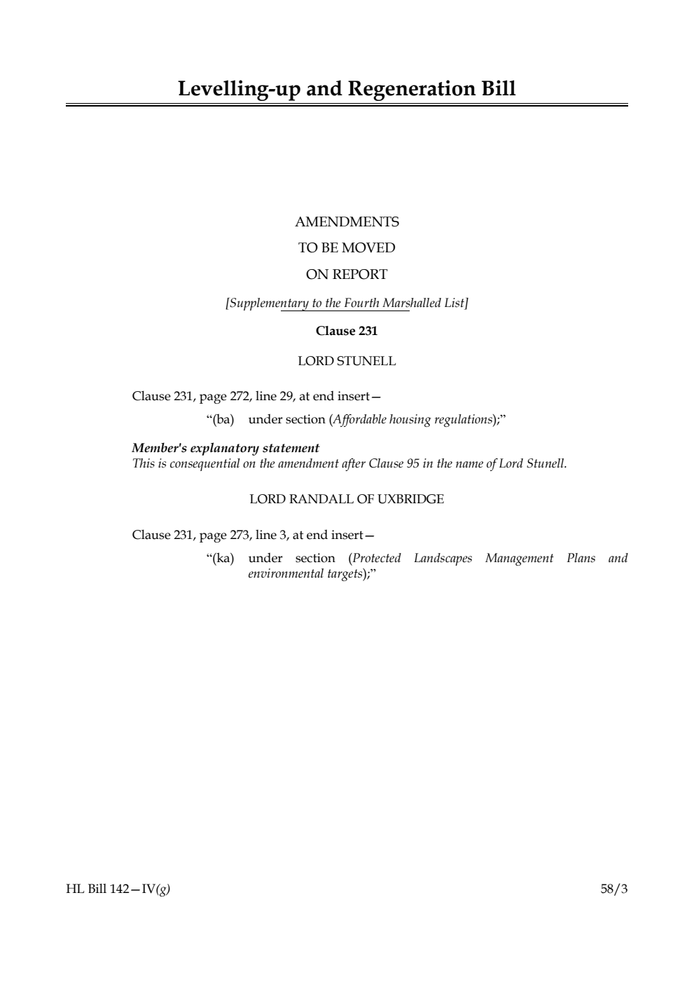 Levelling-up and Regeneration Bill Amendments to be moved on Report [Supplementary to the Fourth Marshalled List]