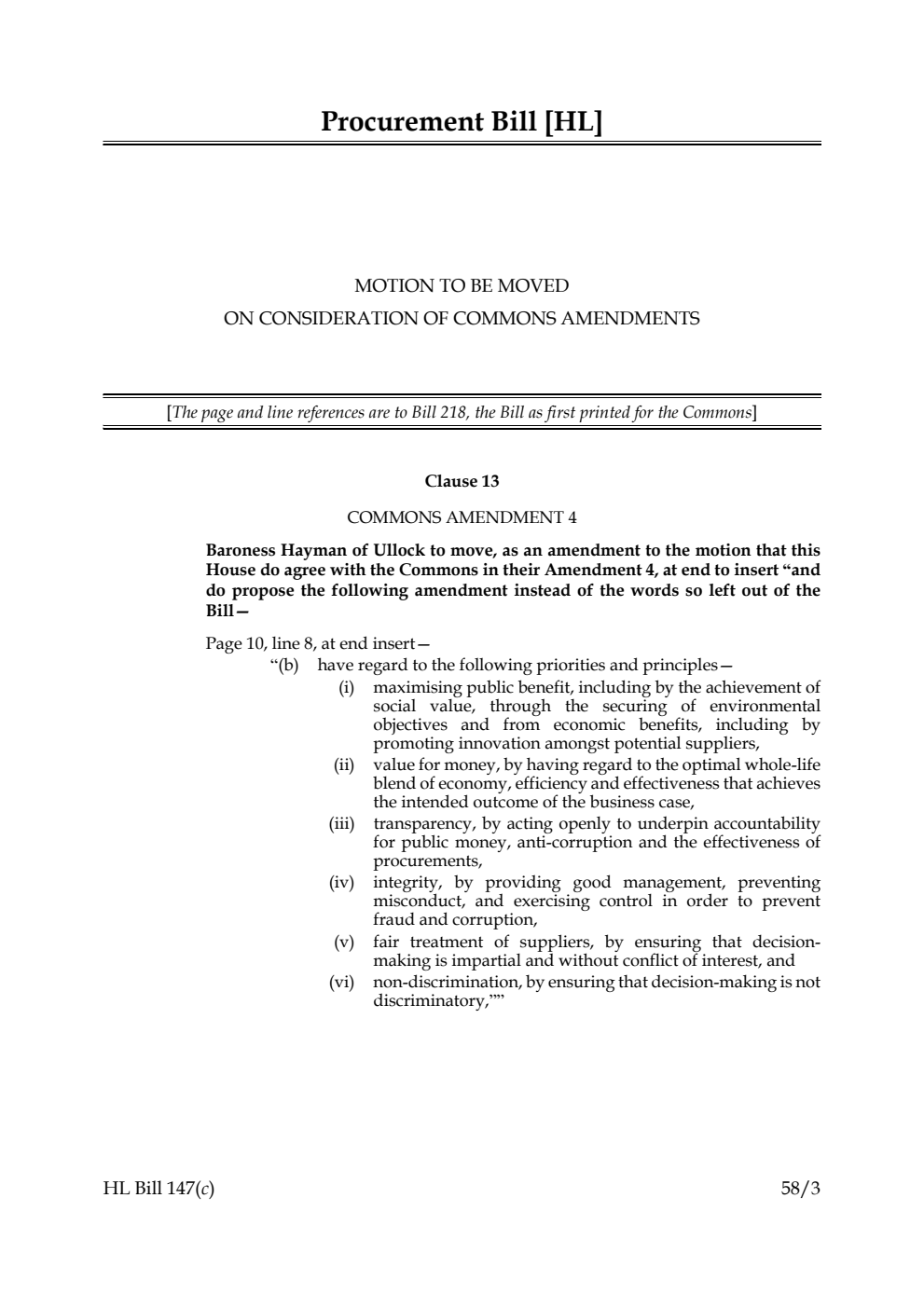 Procurement Bill Motion to be moved on Consideration of Commons amendments