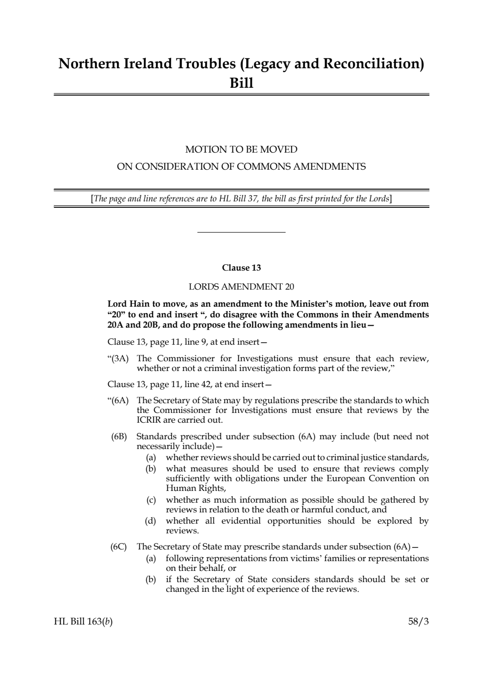 Northern Ireland Troubles (Legacy and Reconciliation) Bill Motion to be moved on consideration of Commons amendments
