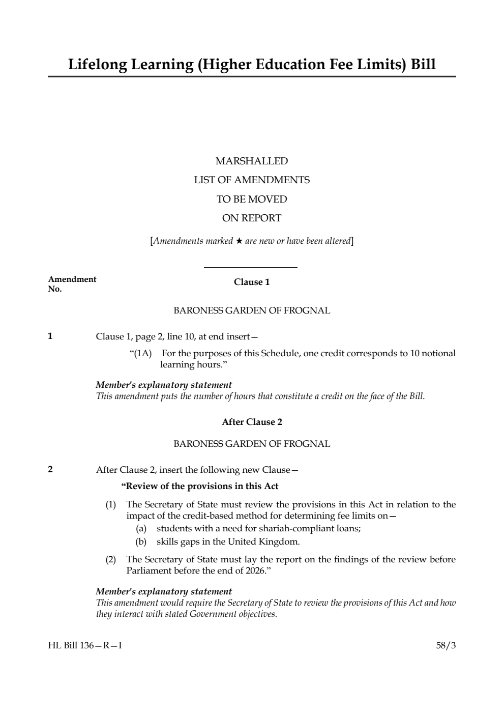 Lifelong Learning (Higher Education Fee Limits) Bill Marshalled List of Amendments to be moved on report