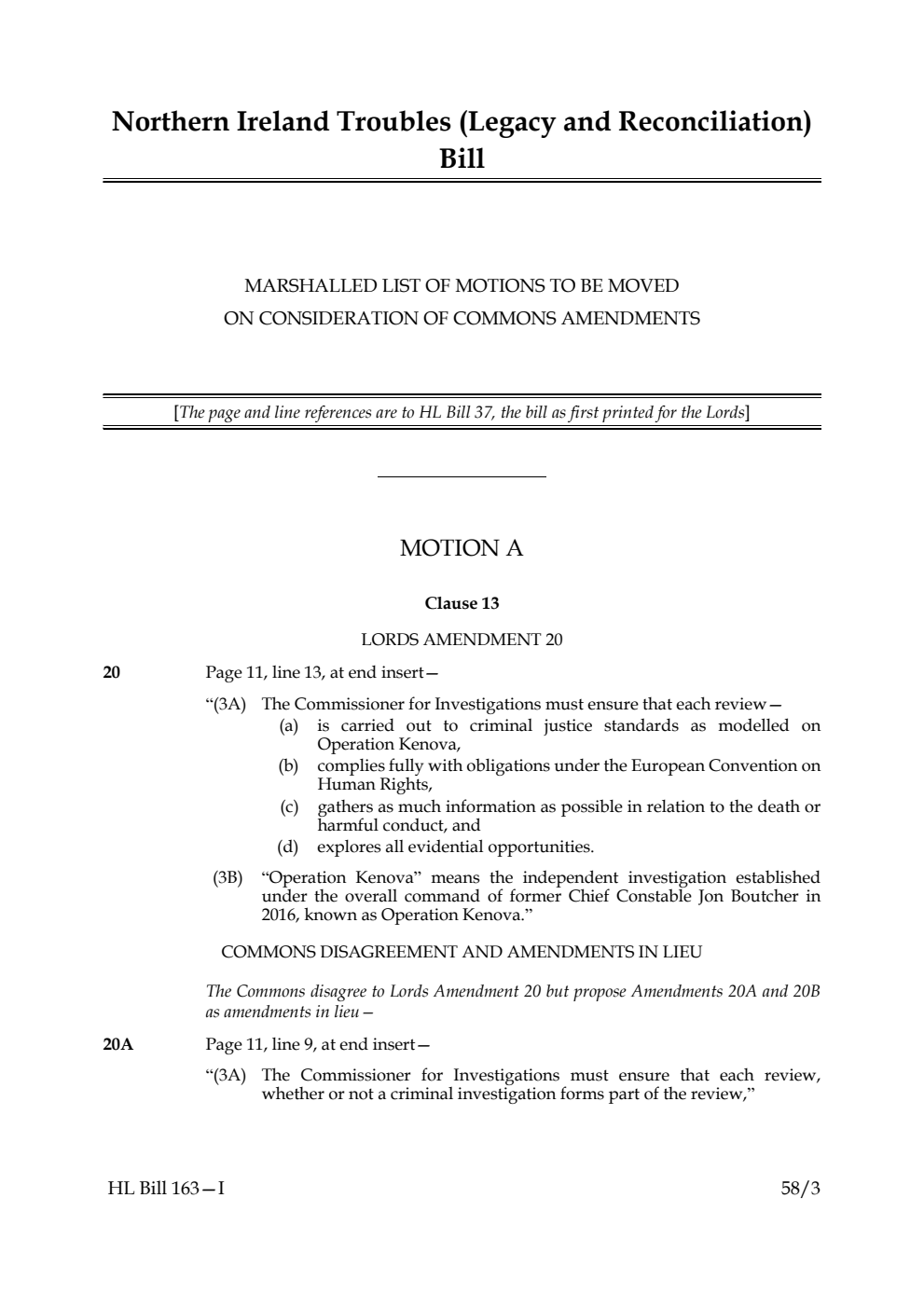 Northern Ireland Troubles (Legacy and Reconciliation) Bill Marshalled List of motions to be moved on consideration of Commons amendments