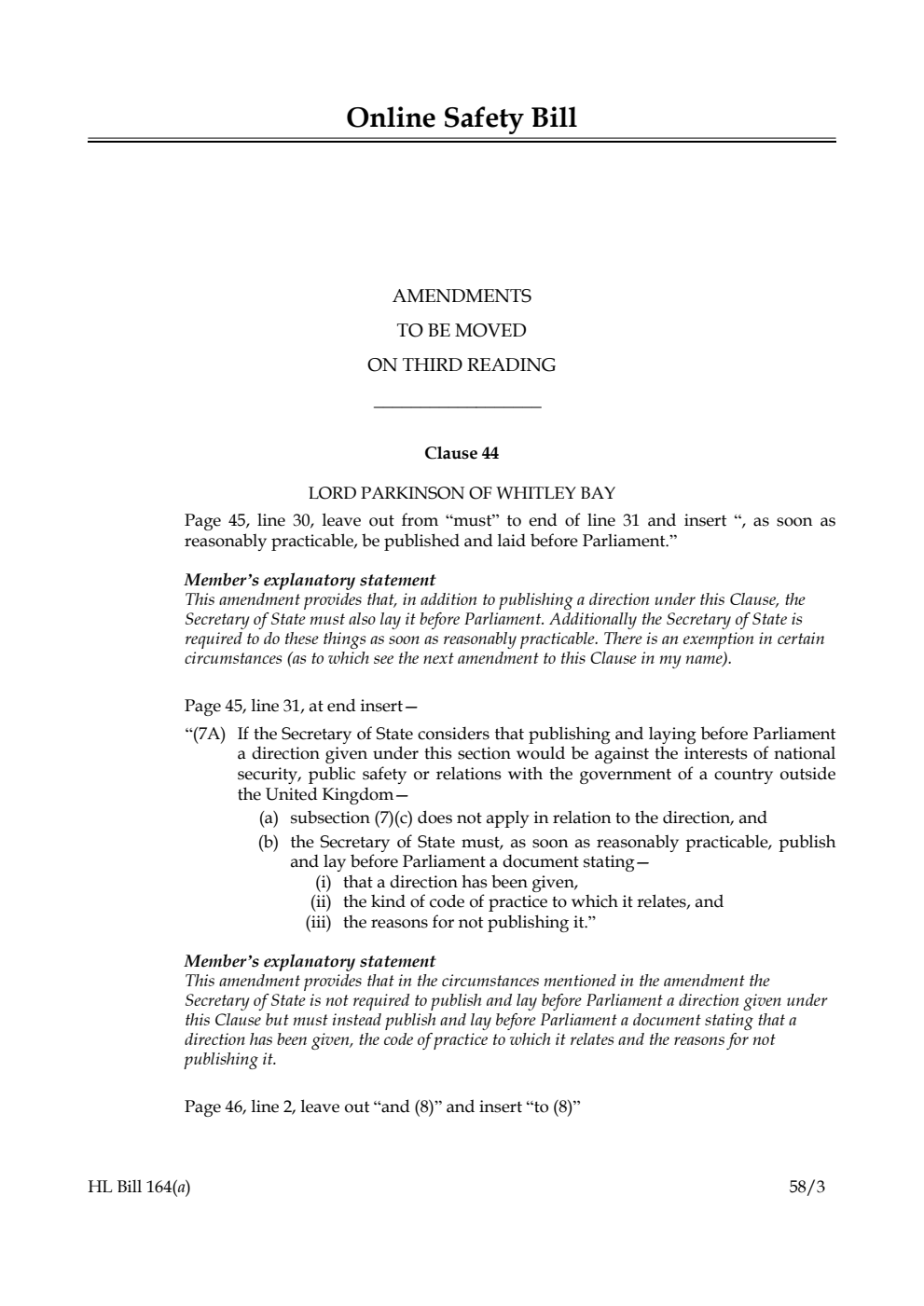 Online Safety Bill Amendments to be moved on third reading