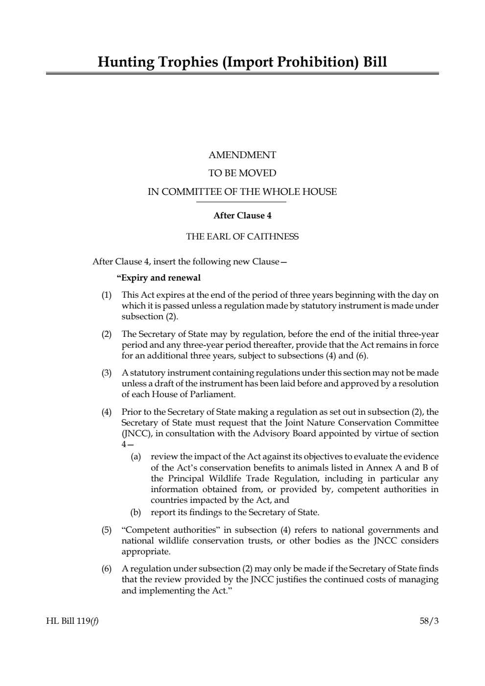 Hunting Trophies (Import Prohibition) Bill Amendment to be moved in Committee of the Whole House