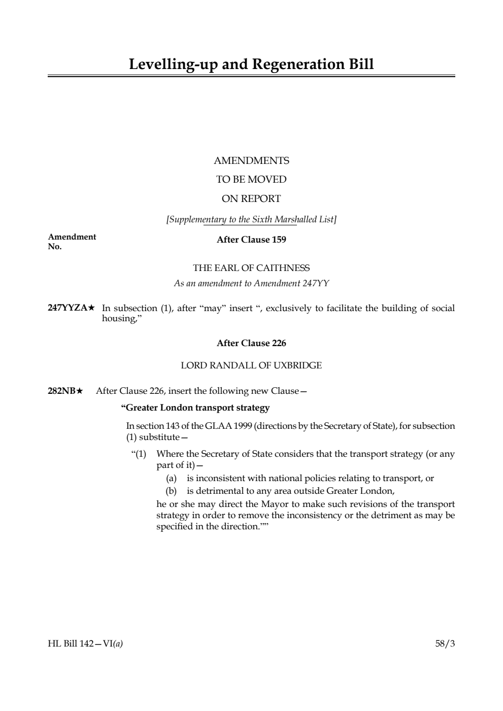 Levelling-up and Regeneration Bill Amendments to be moved on Report [Supplementary to the Sixth Marshalled List]