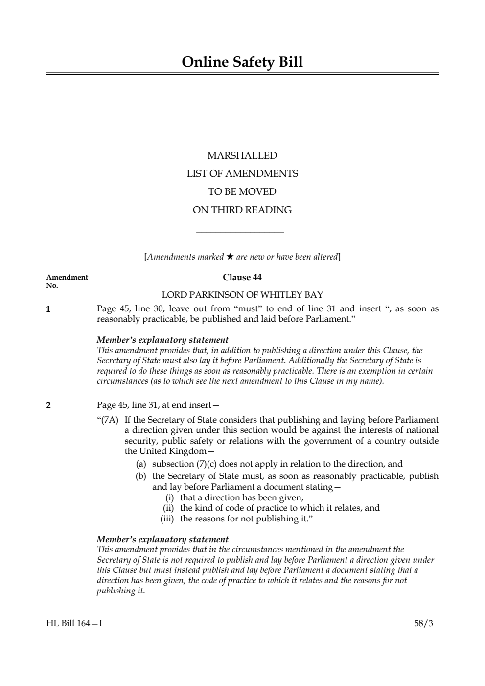 Online Safety Bill Marshalled List of amendments to be moved on third reading