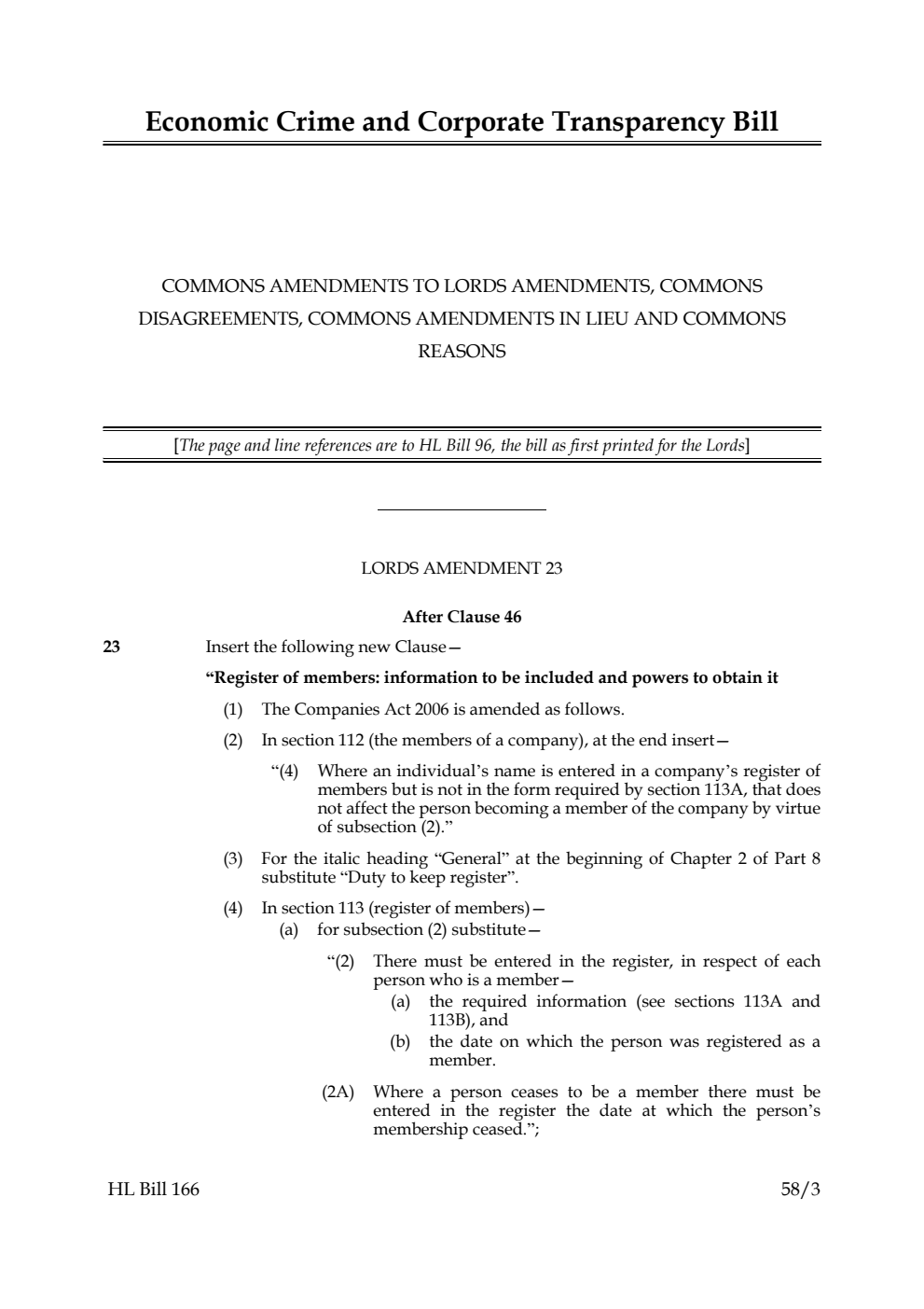 Economic Crime and Corporate Transparency Bill Commons amendments to Lords amendments, Commons disagreements, Commons amendments in lieu and Commons reasons