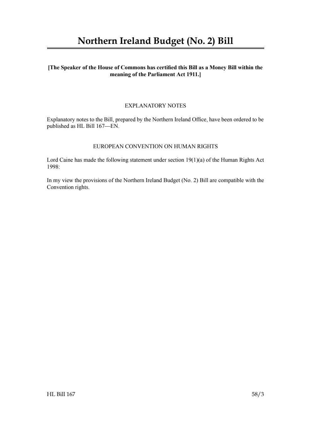 Northern Ireland Budget (No. 2) Bill [as brought from the Commons]
