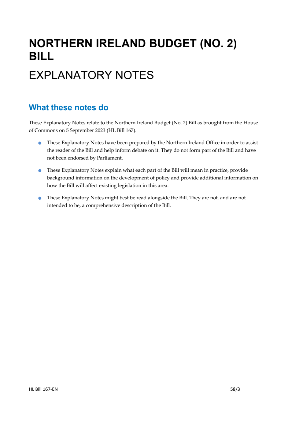 Northern Ireland Budget (No. 2) Bill Explanatory Notes
