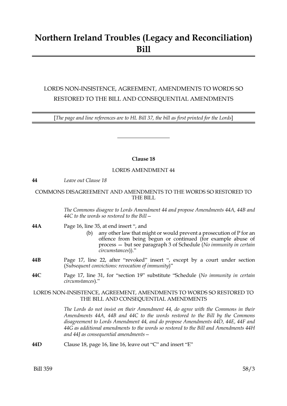 Northern Ireland Troubles (Legacy and Reconciliation) Bill Lords non-insistence, agreement, amendments to words so restored to the Bill and consequential amendments