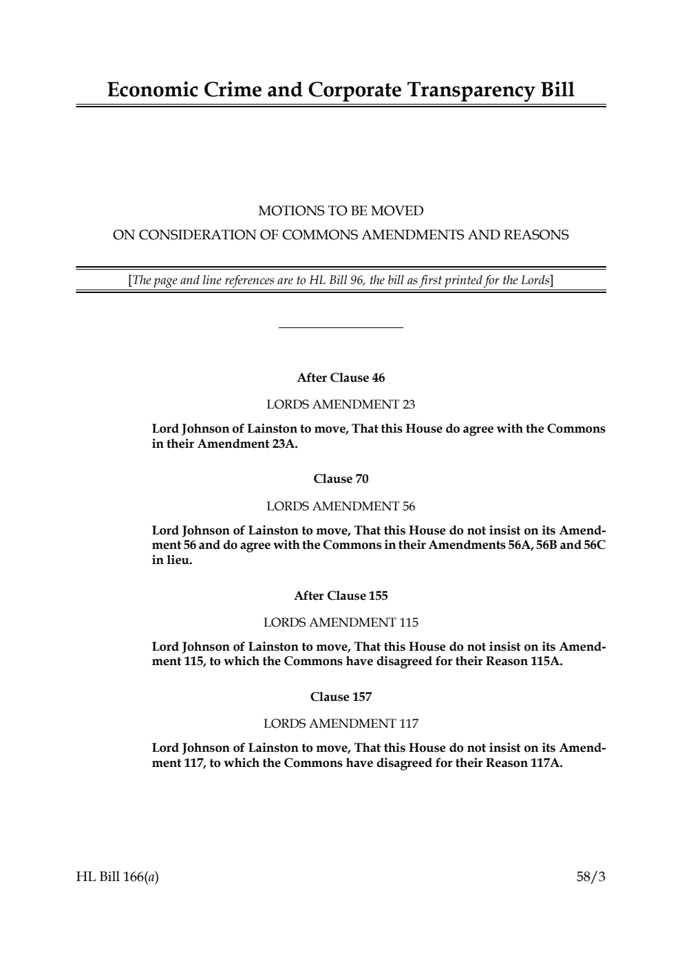 Economic Crime and Corporate Transparency Bill Motions to be moved on consideration of Commons amendments and reasons