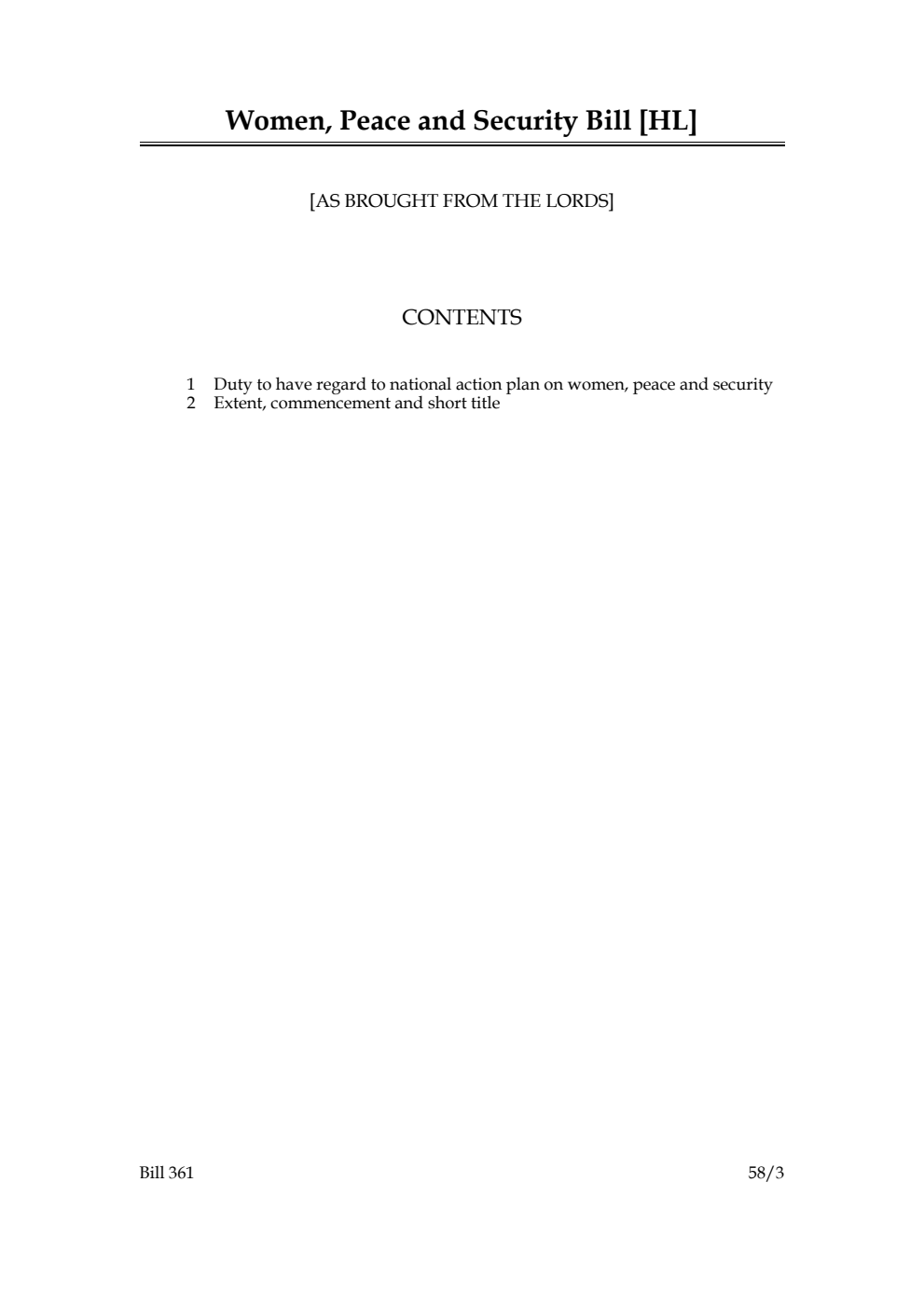 Women, Peace and Security Bill [as brought from the Lords]