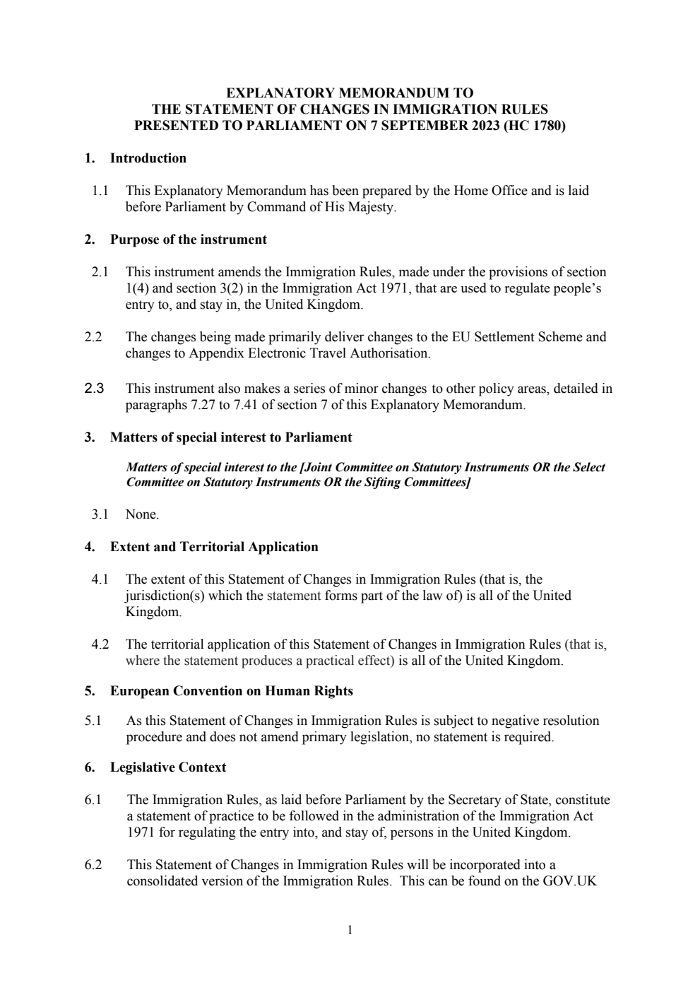 Explanatory Memorandum to the Statement of Changes in Immigration Rules
