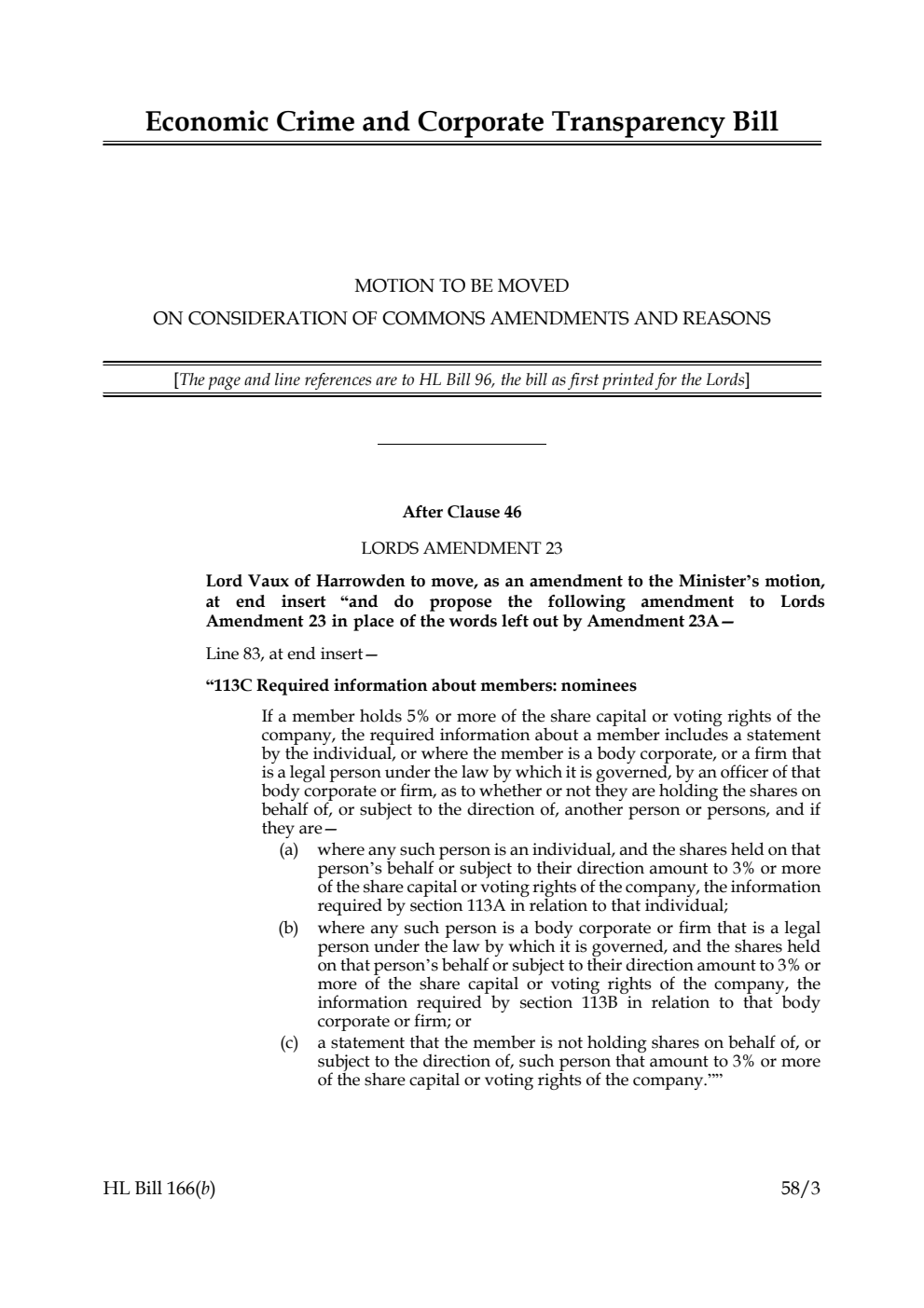 Economic Crime and Corporate Transparency Bill Motion to be moved on consideration of Commons amendments and reasons