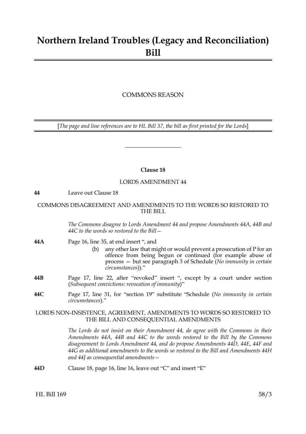 Northern Ireland Troubles (Legacy and Reconciliation) Bill Commons reason