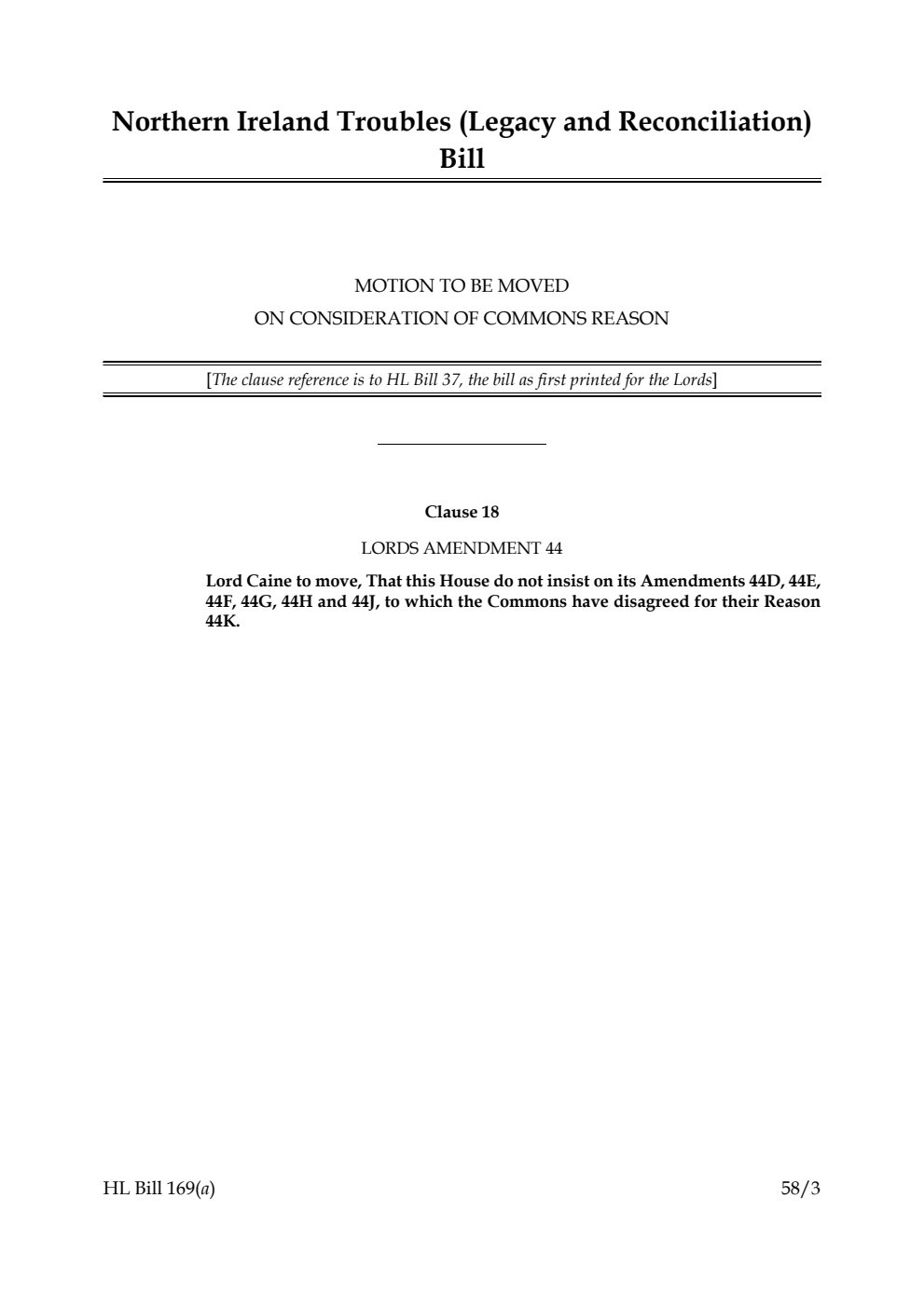 Northern Ireland Troubles (Legacy and Reconciliation) Bill Motion to be moved on consideration of Commons reason