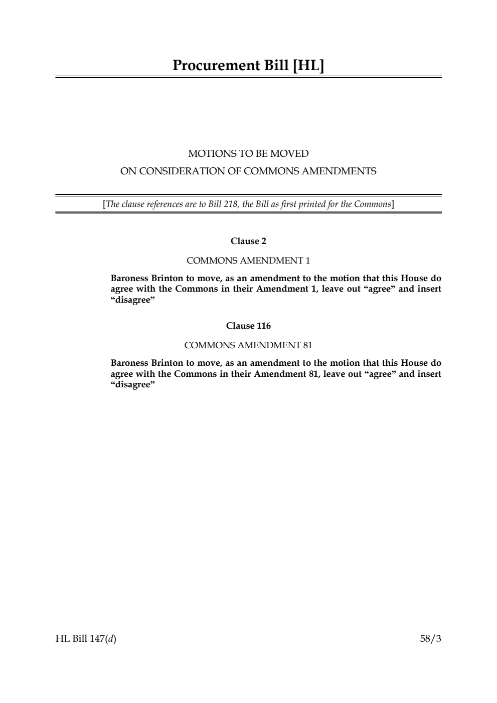 Procurement Bill Motions to be moved on Consideration of Commons amendments