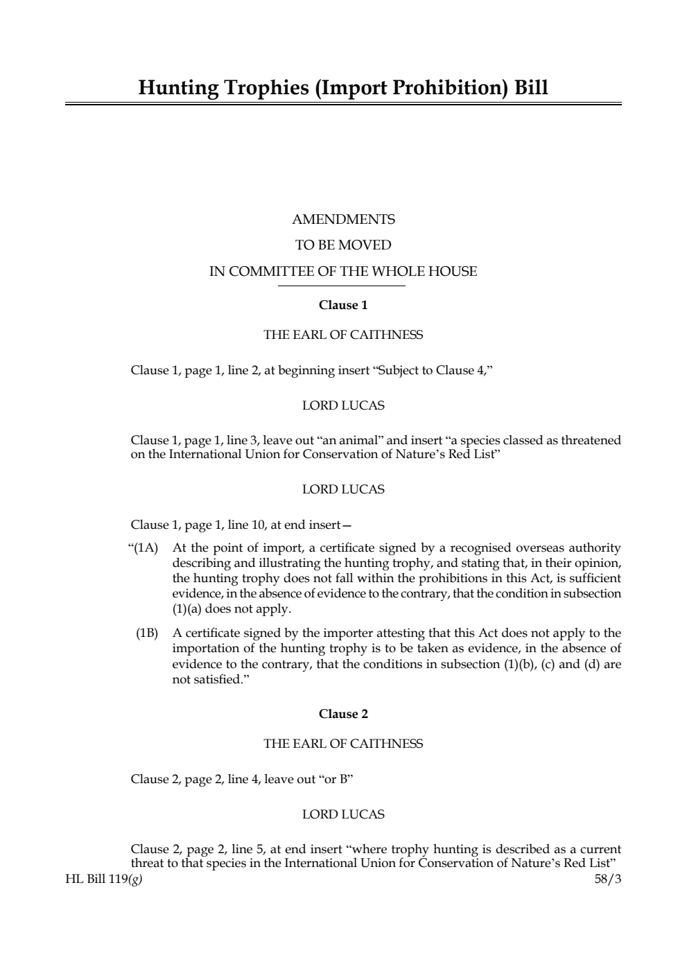 Hunting Trophies (Import Prohibition) Bill Amendments to be moved in Committee of the Whole House