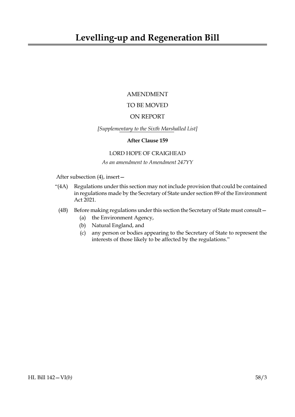 Levelling-up and Regeneration Bill Amendment to be moved on Report [Supplementary to the Sixth Marshalled List]