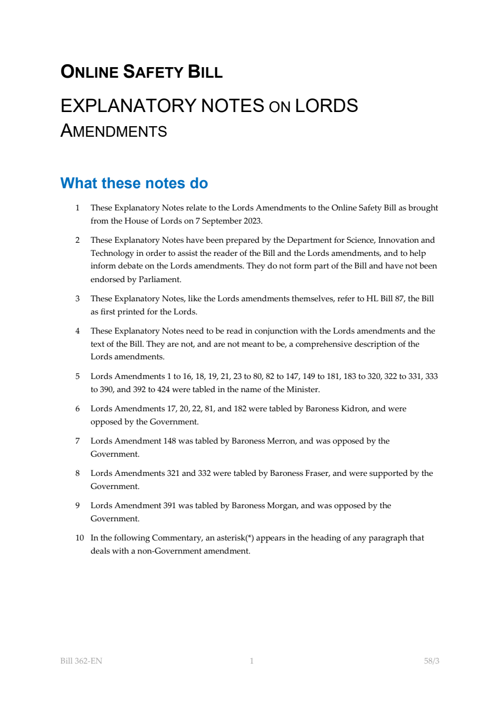 Online Safety Bill Explanatory Notes on Lords Amendments