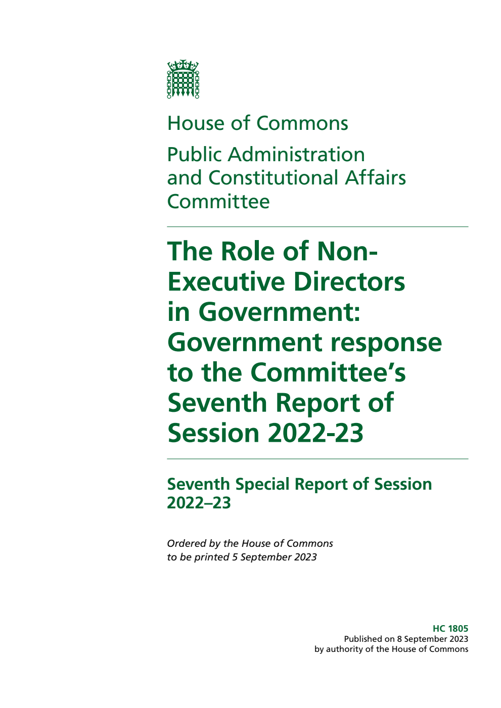 Public Administration and Constitutional Affairs Committee 7th Special Report. The Role of Non-Executive Directors in Government: Government response to the Committee’s Seventh Report of Session 2022-23