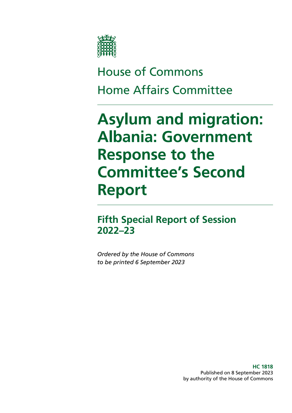 Home Affairs Committee 5th Special Report. Asylum and migration: Albania: Government Response to the Committee’s Second Report