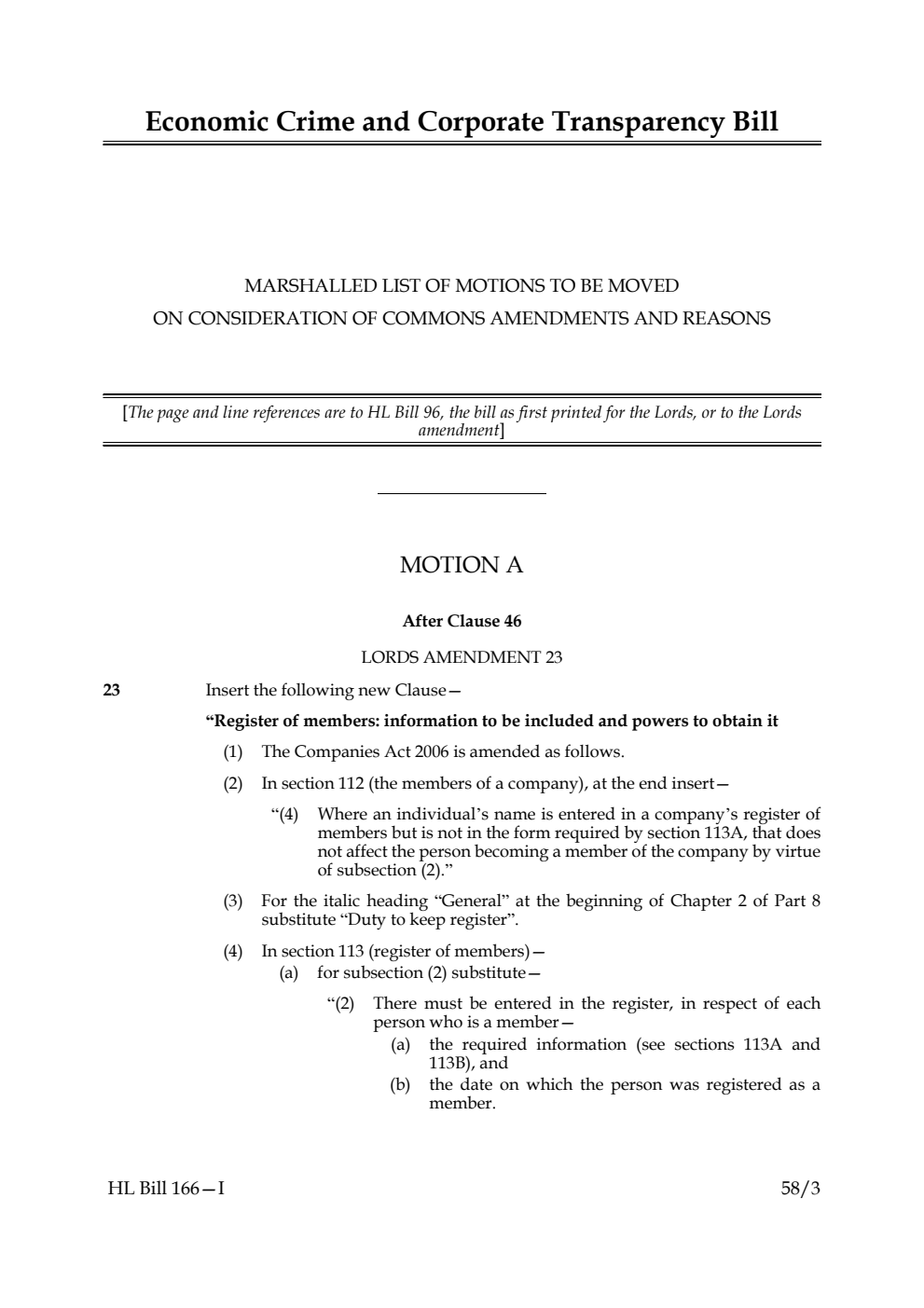 Economic Crime and Corporate Transparency Bill Marshalled List of motions to be moved on consideration of Commons amendments and reasons