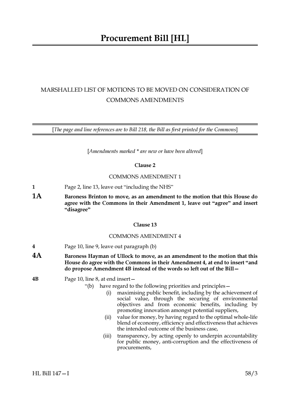 Procurement Bill Marshalled List of motions to be moved on consideration of Commons amendments