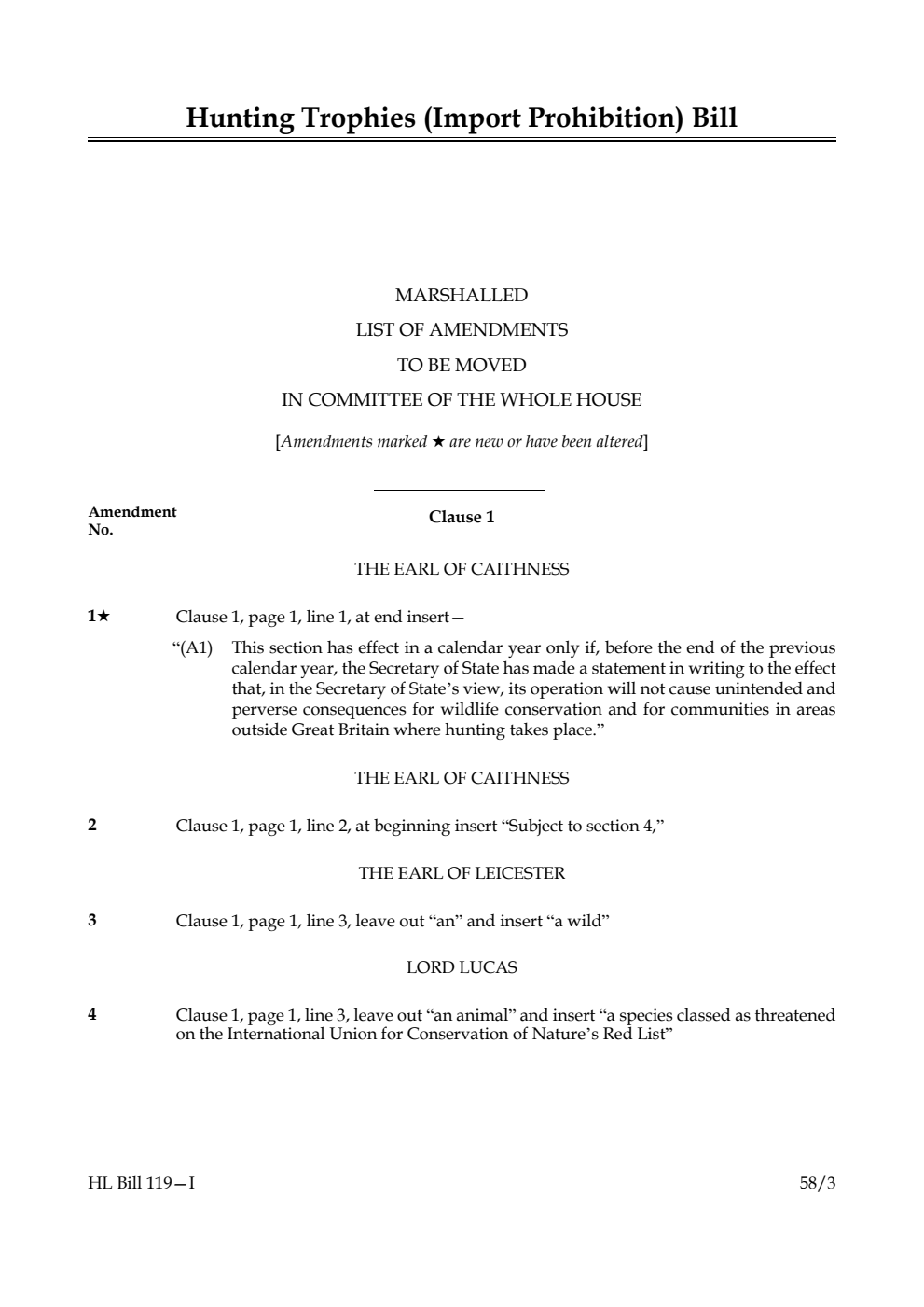 Hunting Trophies (Import Prohibition) Bill Marshalled List of Amendments to be moved in Committee of the Whole House
