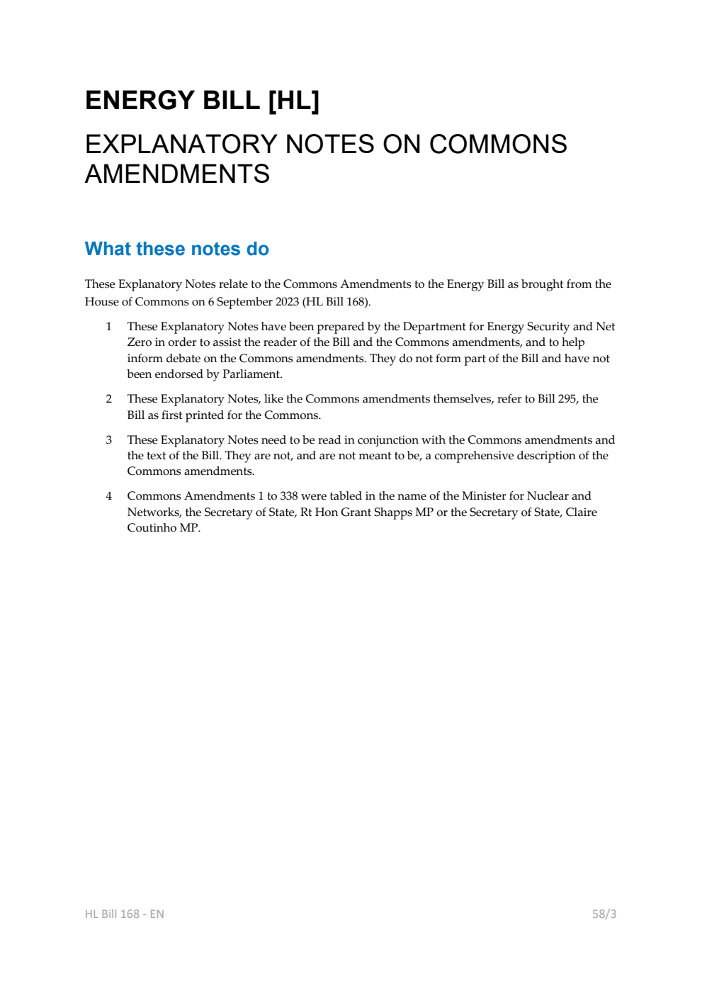 Energy Bill Explanatory Notes on Commons amendments