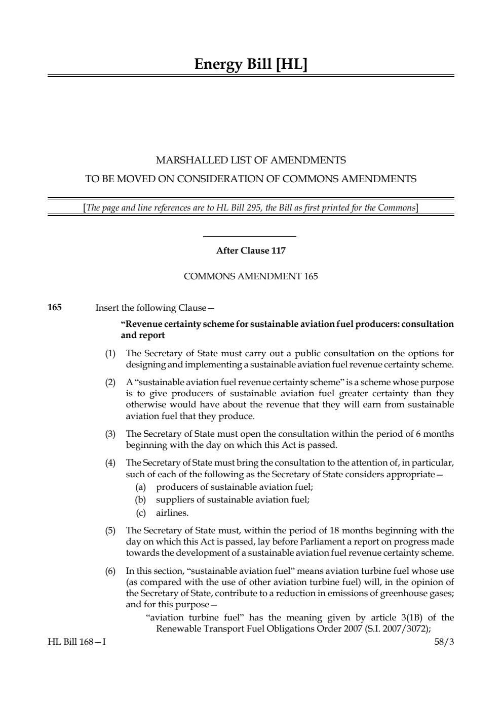 Energy Bill Marshalled List of amendments to be moved on consideration of Commons amendments