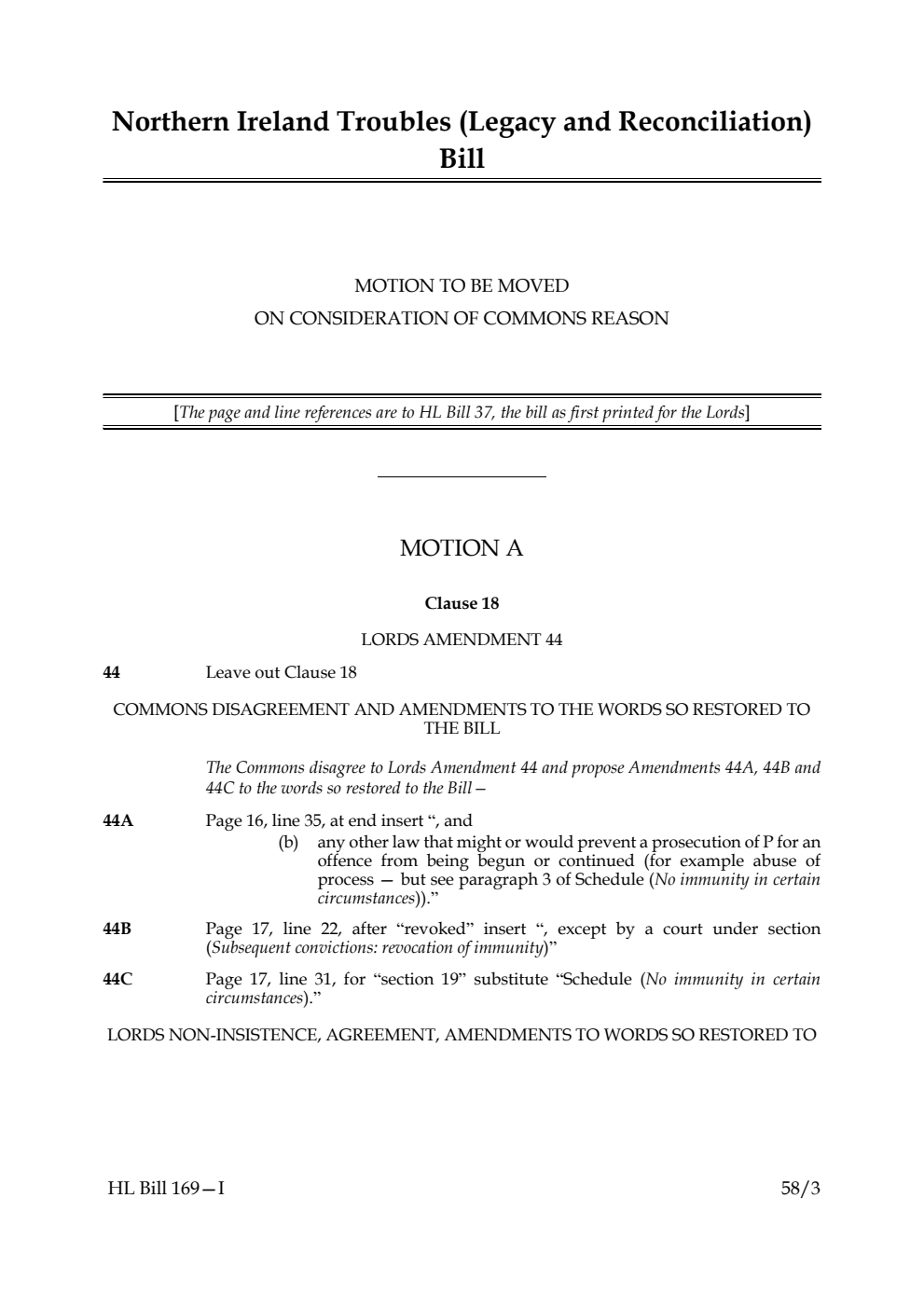Northern Ireland Troubles (Legacy and Reconciliation) Bill Motion to be moved on consideration of Commons reason