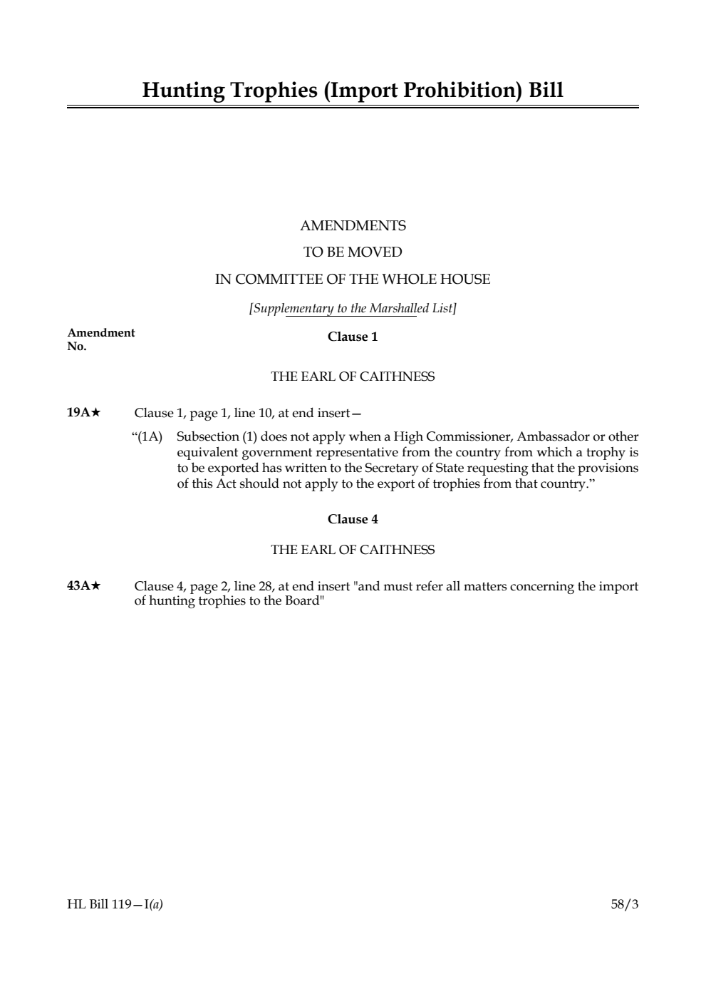 Hunting Trophies (Import Prohibition) Bill Amendments to be moved in Committee of the Whole House [Supplementary to the Marshalled List]
