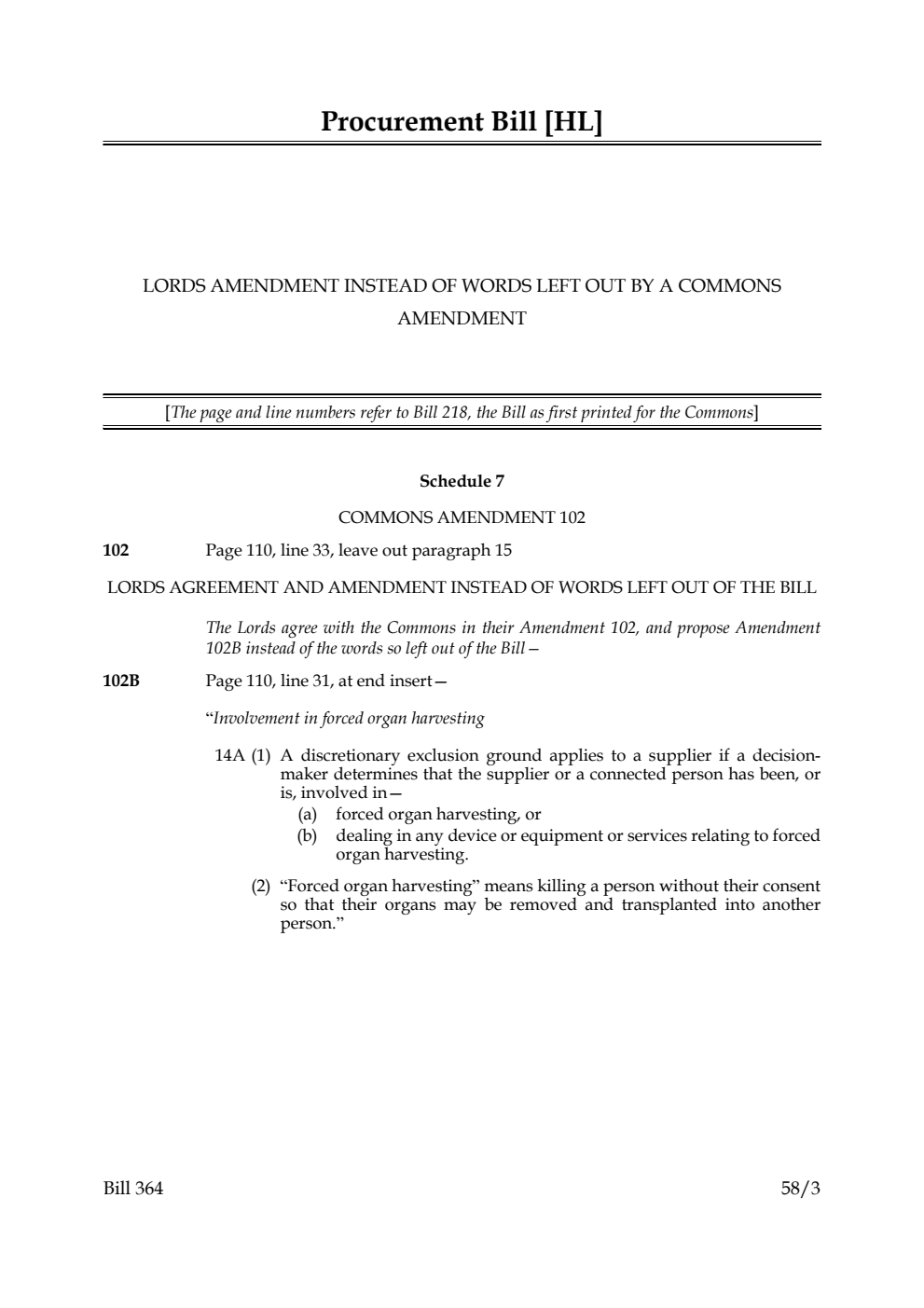 Procurement Bill  Lords amendment instead of words left out by a Commons amendment