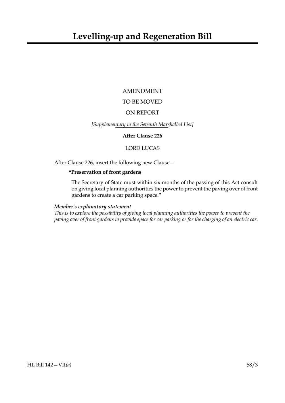Levelling-up and Regeneration Bill Amendment to be moved on Report [Supplementary to the Seventh Marshalled List]