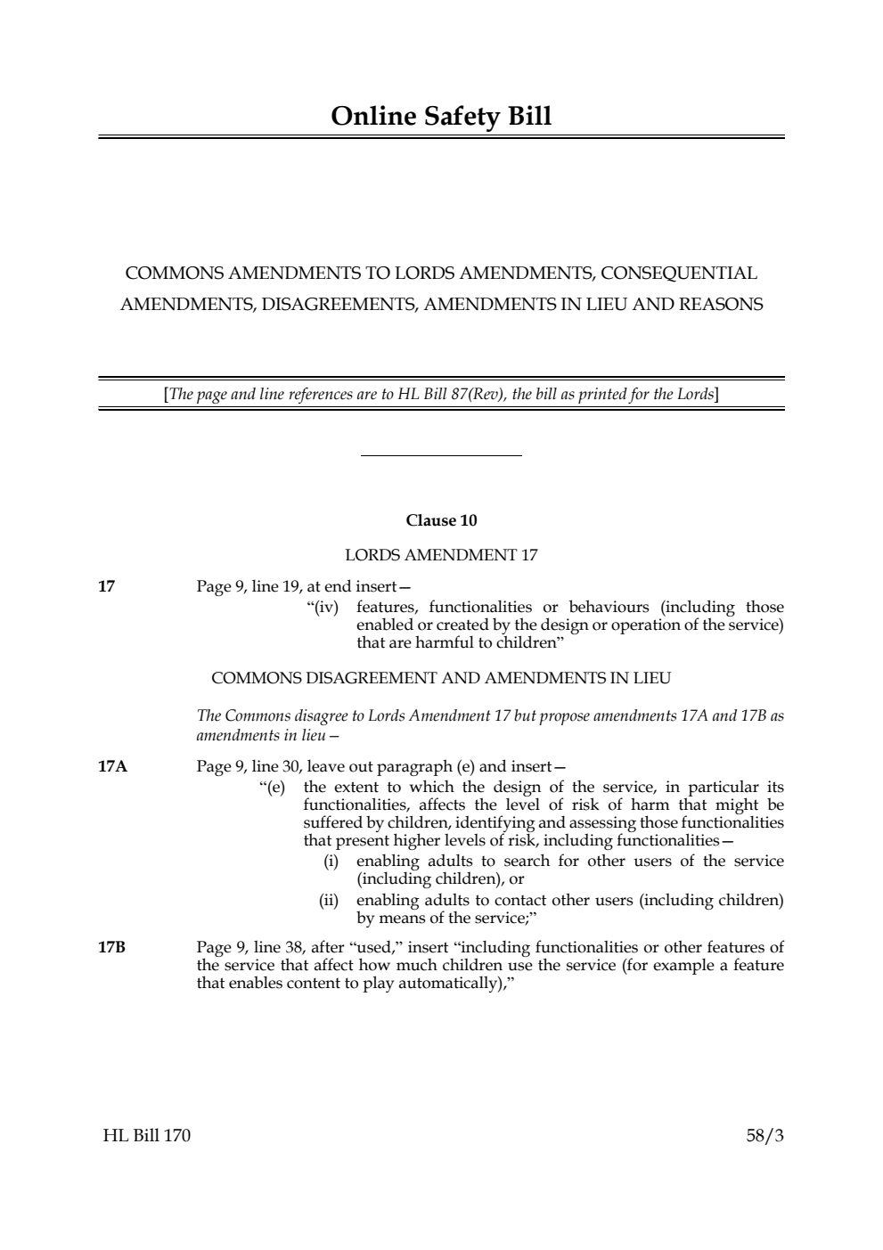 Online Safety Bill Commons amendments to Lords amendments, consequential amendments, disagreements, amendments in lieu and reasons