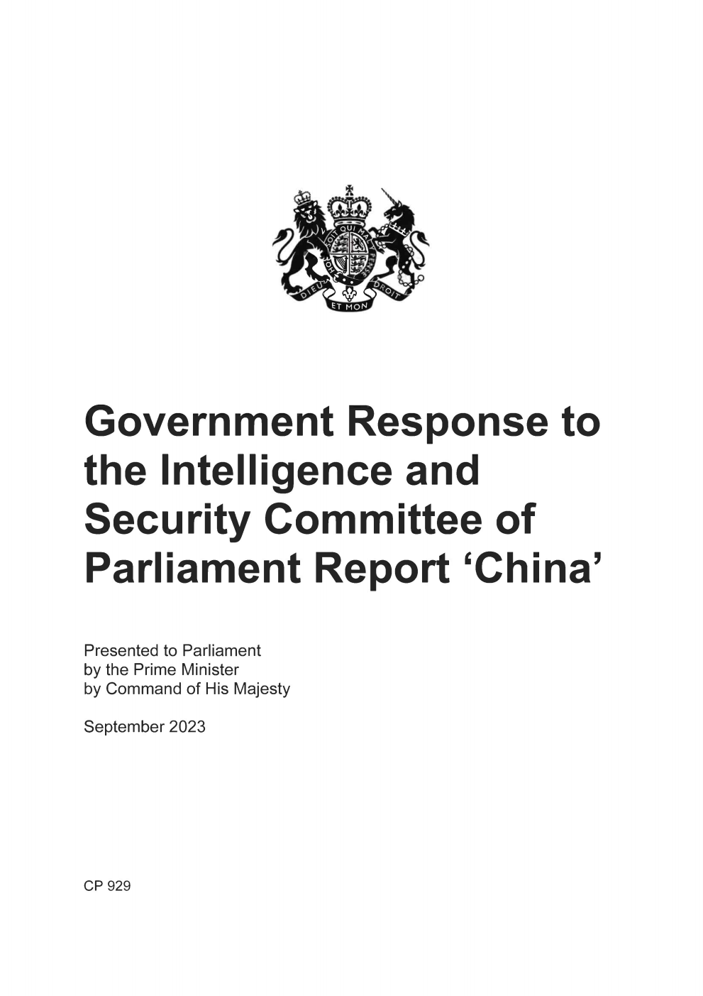 Government Response to the Intelligence and Security Committee of Parliament Report 'China'