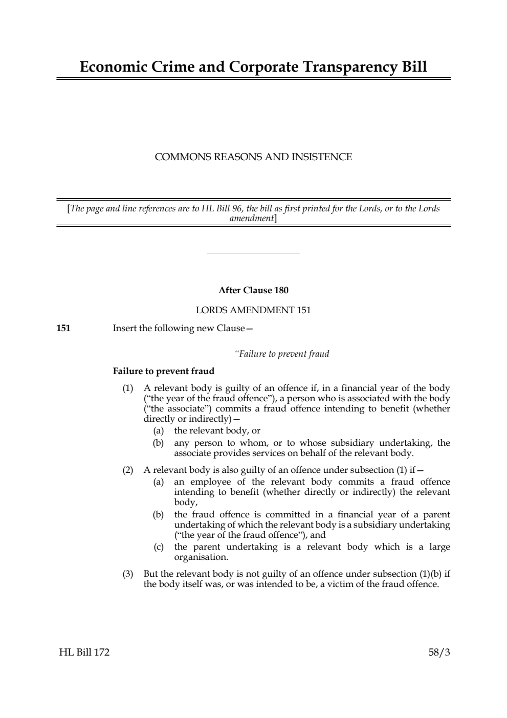 Economic Crime and Corporate Transparency Bill Commons reasons and insistence