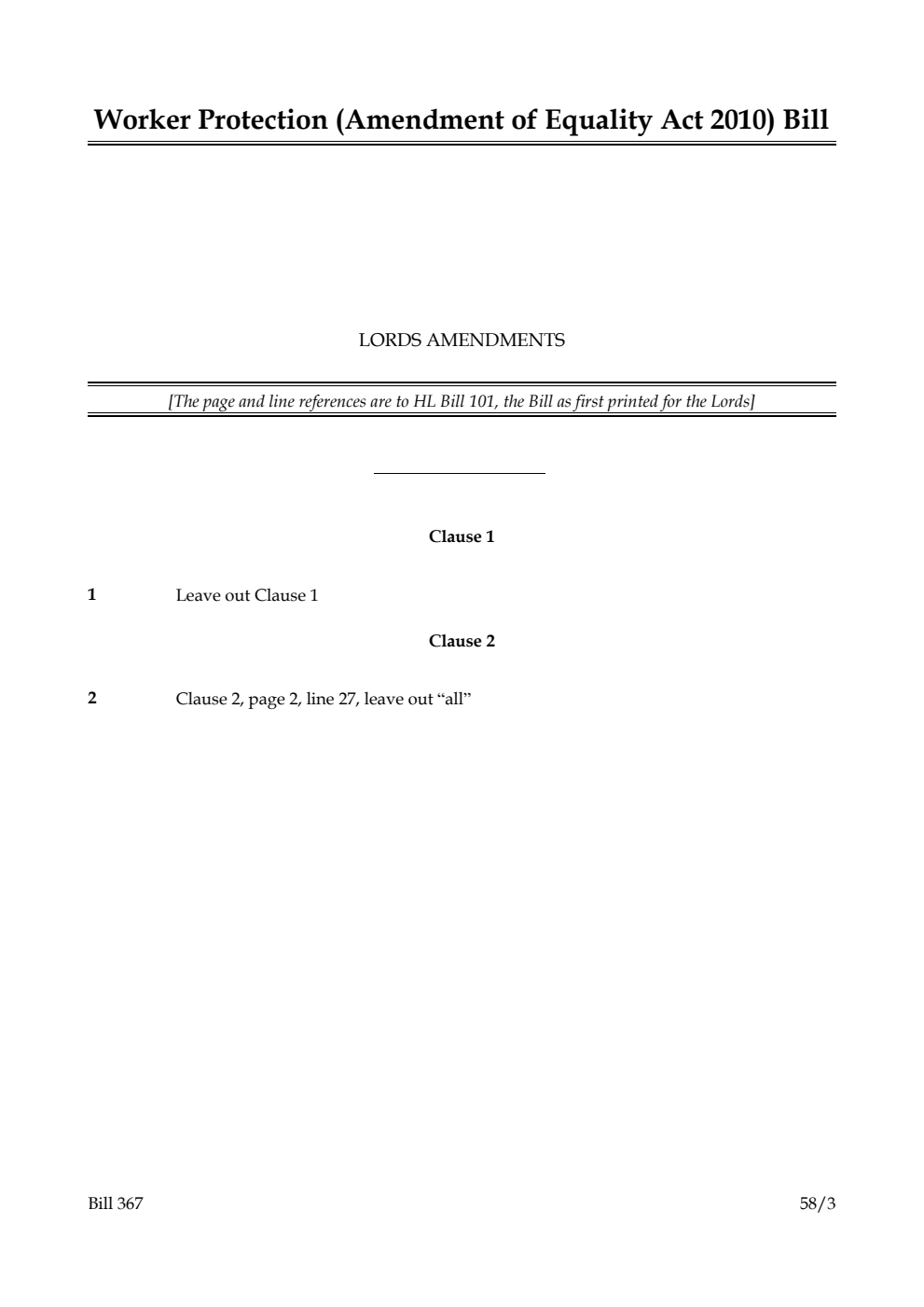 Worker Protection (Amendment of Equality Act 2010) Bill Lords Amendments