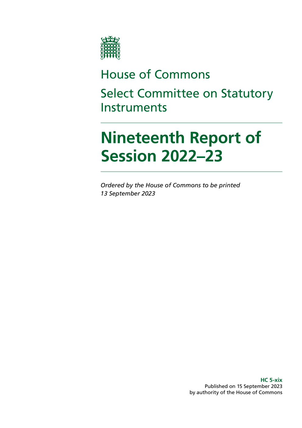 Statutory Instruments Committee 19th Report of Session 2022-23