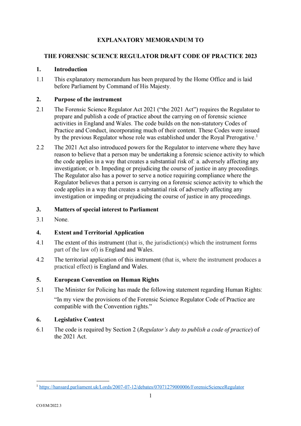Explanatory Memorandum to the Forensic Science Regulator Draft Code of Practice 2023