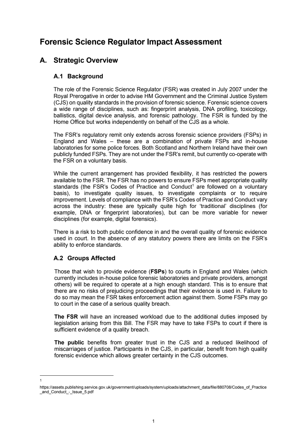 Forensic Science Regulator Impact Assessment