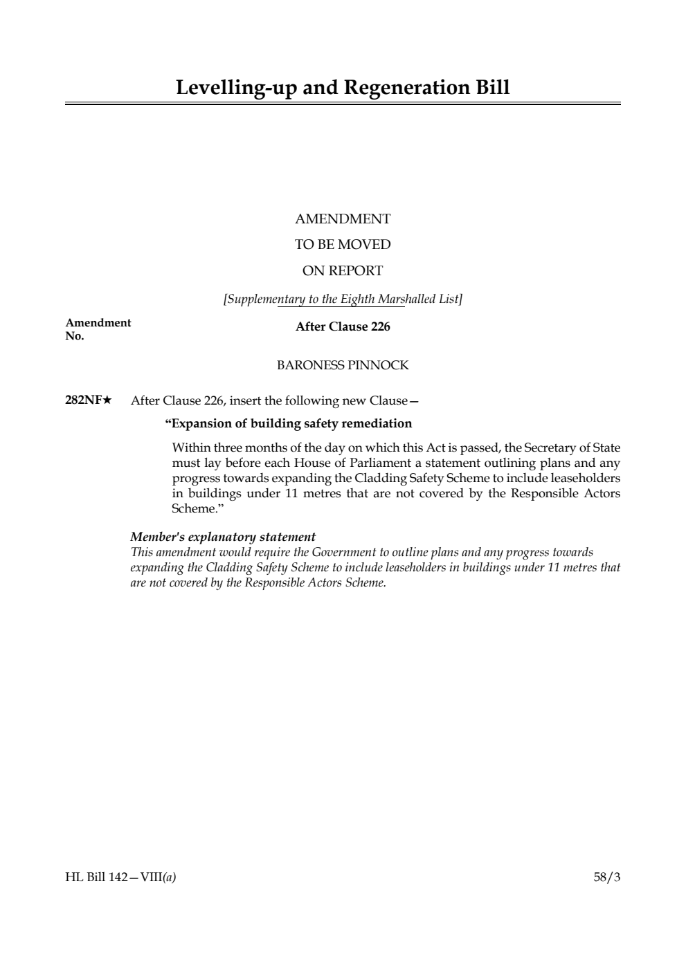 Levelling-up and Regeneration Bill Amendment to be moved on Report [Supplementary to the Eighth Marshalled List]