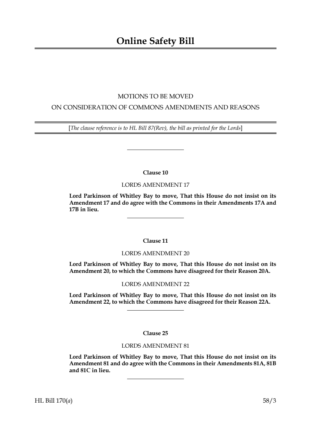 Online Safety Bill Motions to be moved on consideration of Commons amendments and reasons