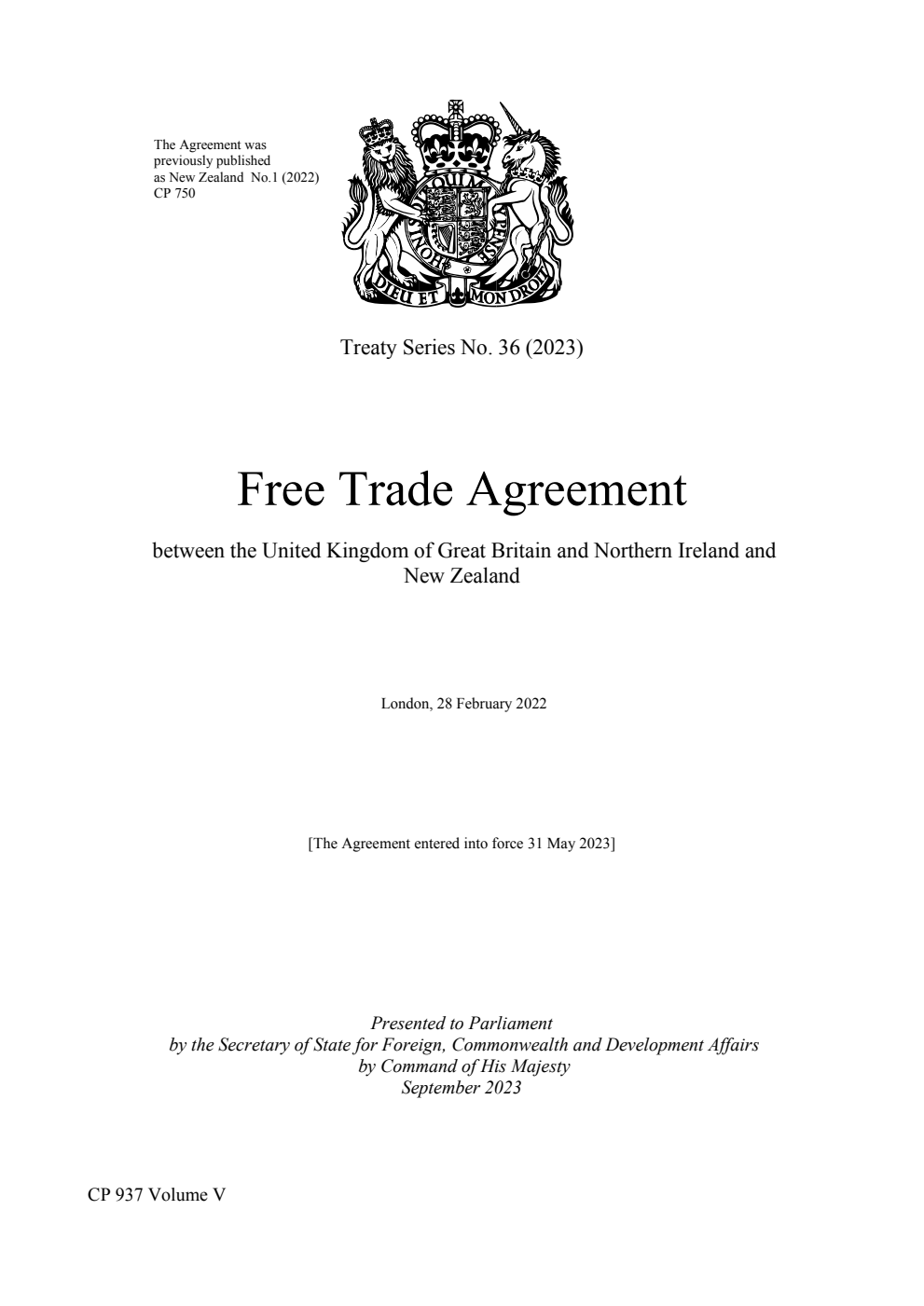 Treaty Series No. 36 (2023) Free Trade Agreement between the United Kingdom of Great Britain and Northern Ireland and New Zealand. London, 28 February 2022. Volume 5