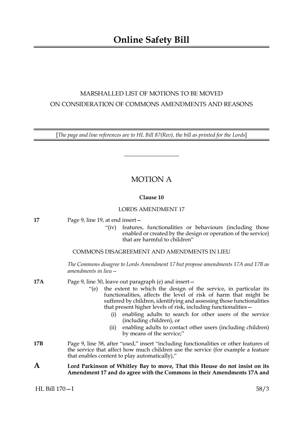 Online Safety Bill Marshalled List of motions to be moved on consideration of Commons amendments and reasons
